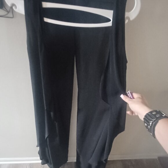 Long Sheer Black Duster Vest Camino Large Slit Slanted Angled Sides Cape Med - Picture 2 of 4